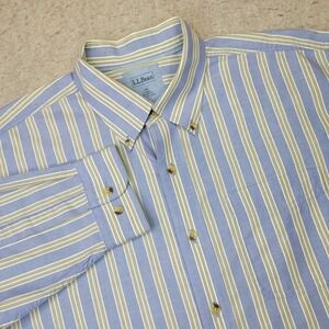 LL Bean Shirt Long Sleeve Mens‎ L Regular Stripe Blue Green O FWA4 100% Cotton